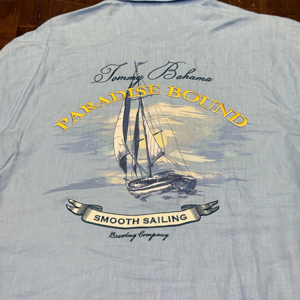 Tommy Bahama Button Shirt Mens M Blue Paradise Bound Sailboat 100% Linen Brewing